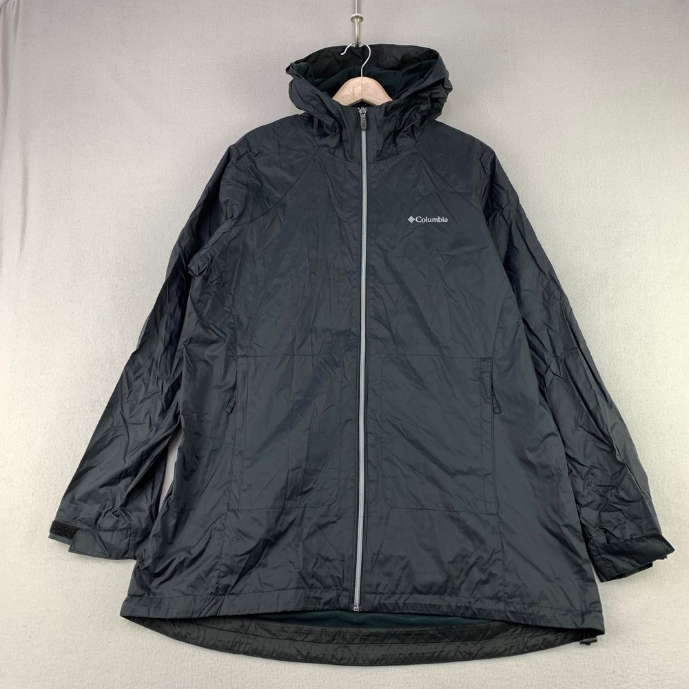 Columbia Switchback Long Rain Jacket Womens XL Black Fleece Lined Zip Front